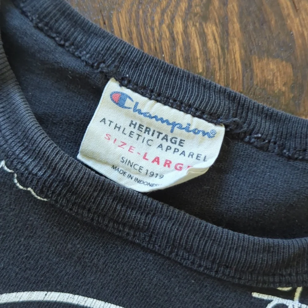 CHAMPION I Black & White Handwriting Logo Crew Neck Short Sleeve T-Shit Top, L - Picture 3 of 10